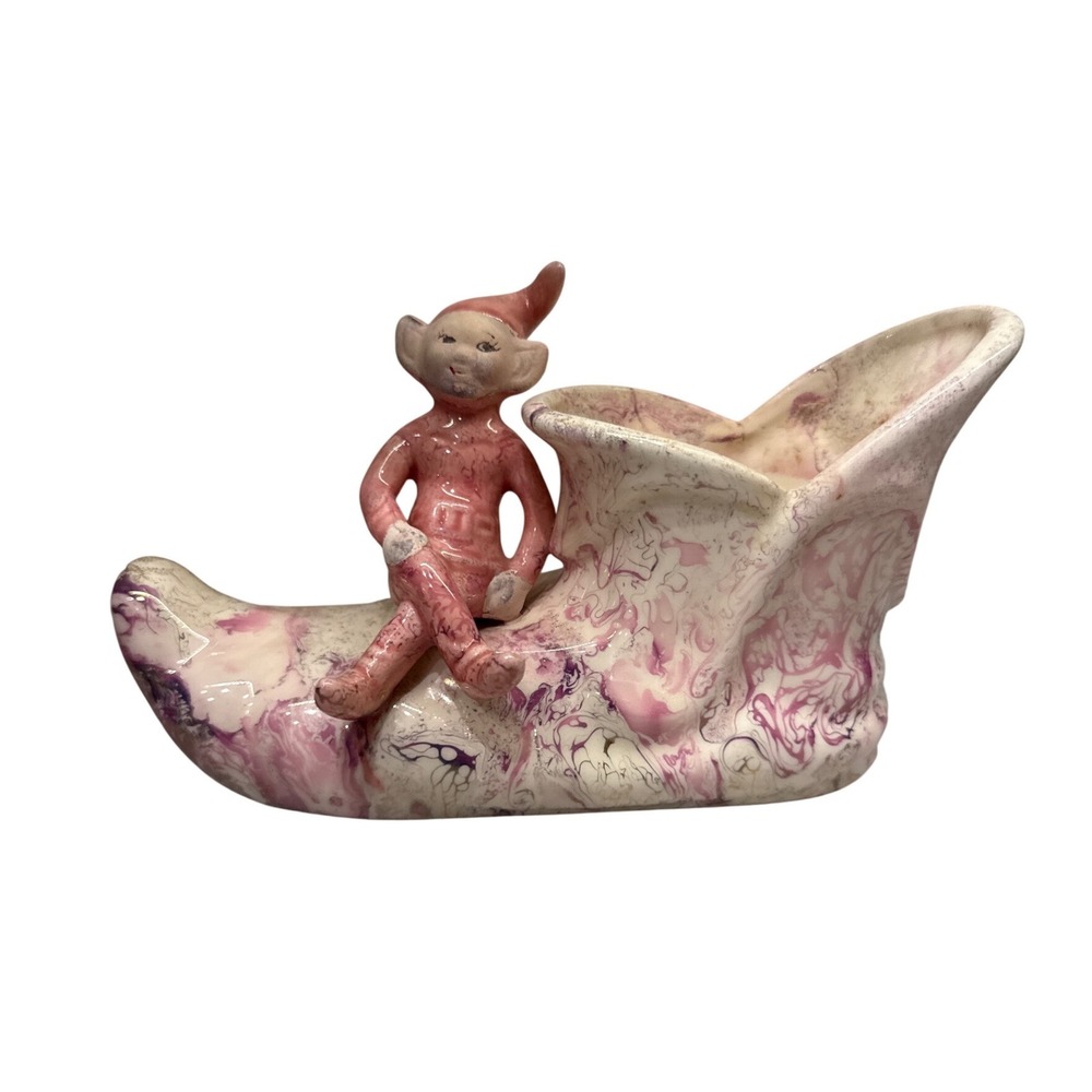 Treasure Craft Pixie Elf on Shoe‎ Planter Pink Purple Marbled Ceramic Vintage